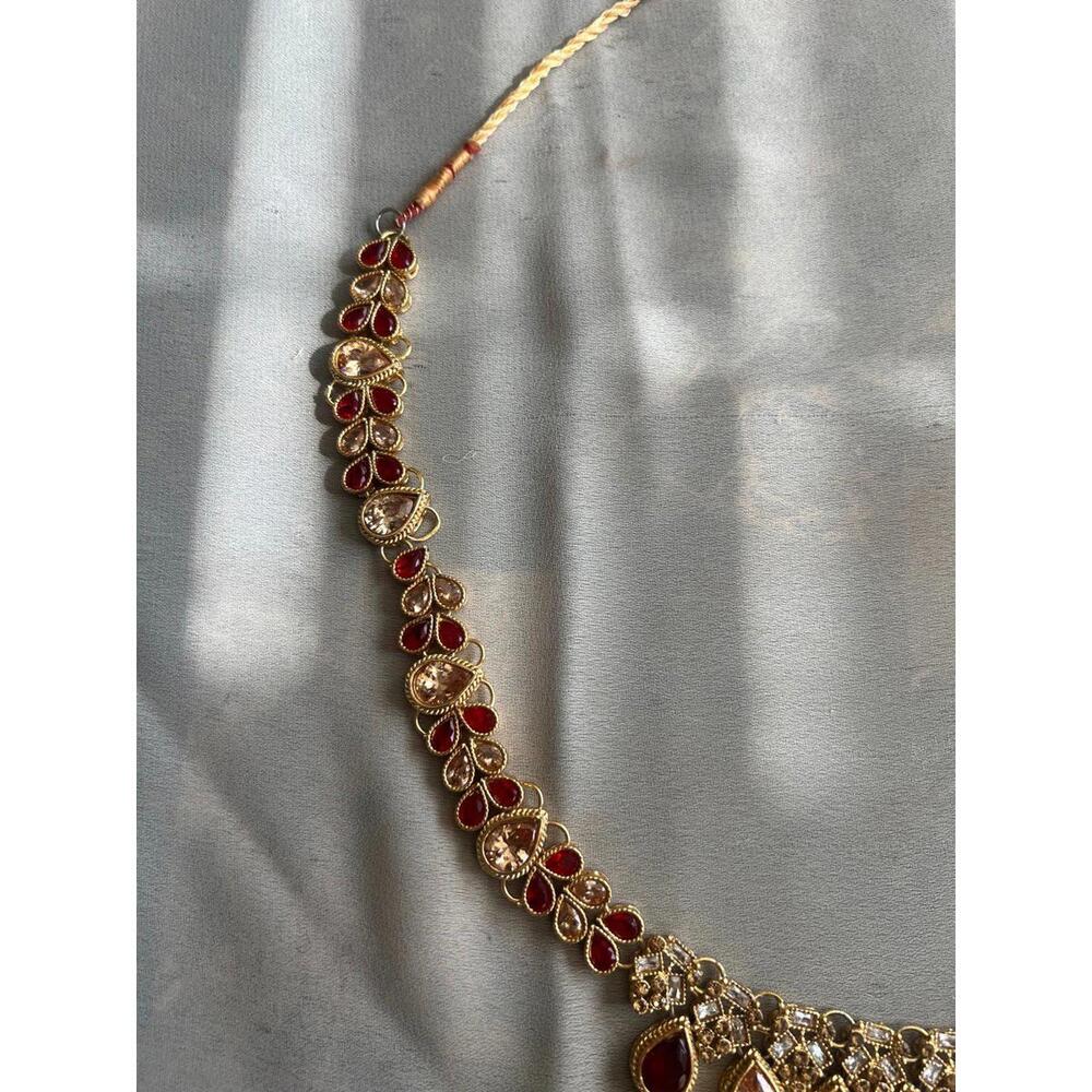 Gold & Red Gem Stone Adjustable Pakistani Indian Southasian Bengali Necklace - Picture 3 of 4